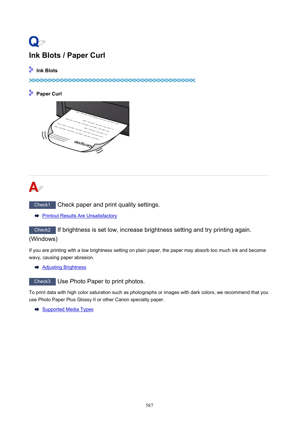 Ink blots / paper curl | Canon imagePROGRAF PRO-300 13" Photographic Inkjet Printer User Manual | Page 587 / 650