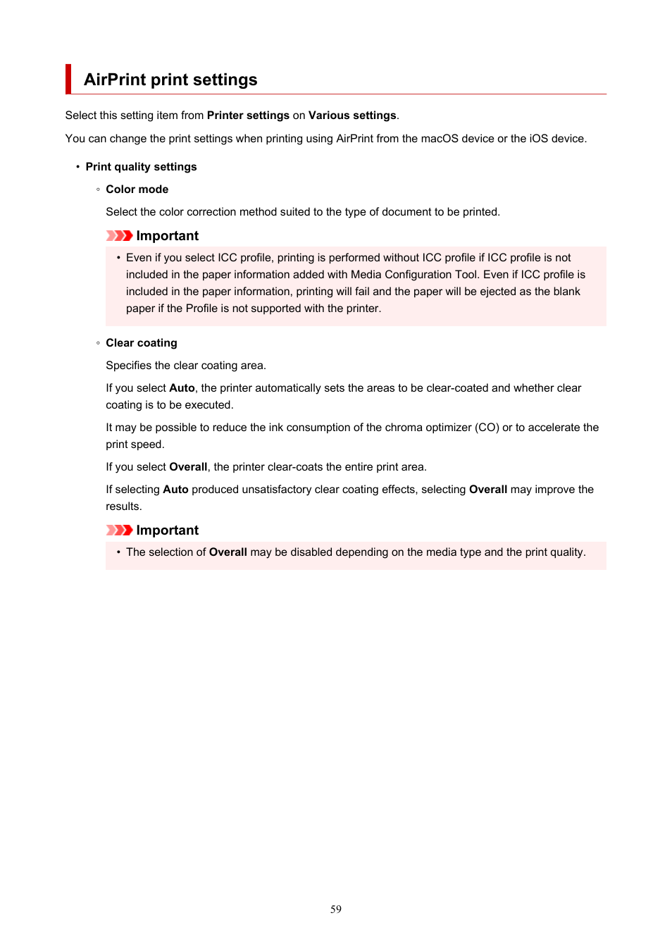 Airprint print settings | Canon imagePROGRAF PRO-300 13" Photographic Inkjet Printer User Manual | Page 59 / 650