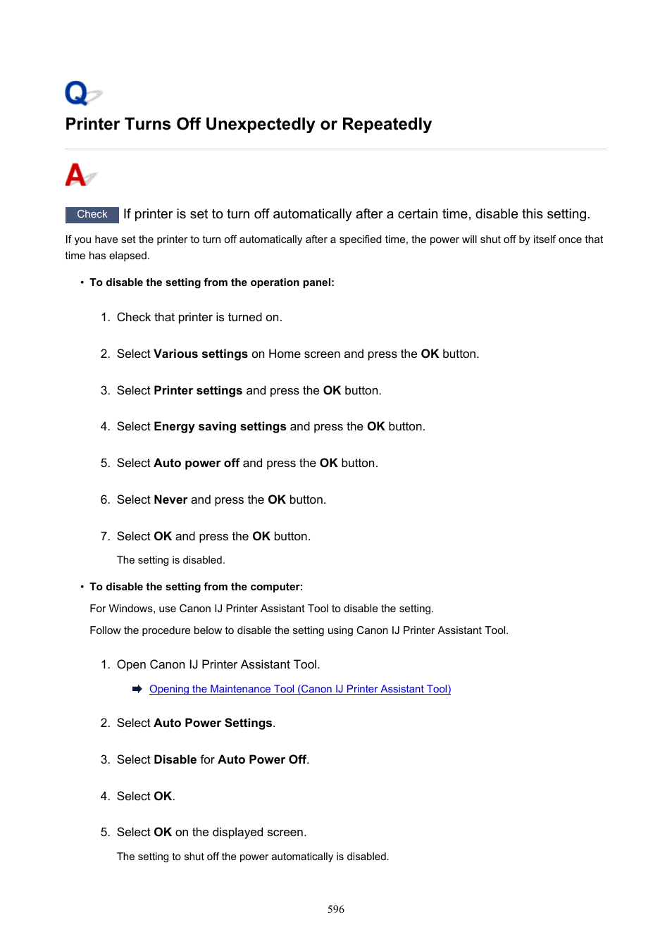 Printer turns off unexpectedly or repeatedly | Canon imagePROGRAF PRO-300 13" Photographic Inkjet Printer User Manual | Page 596 / 650