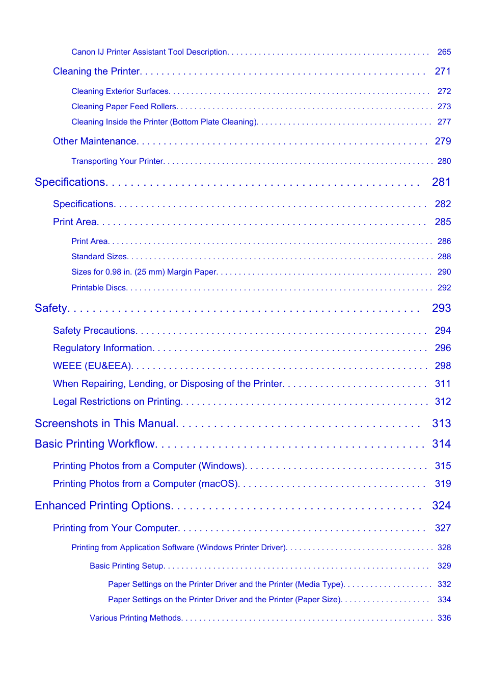 Specifications, Safety, Screenshots in this manual basic printing workflow | Enhanced printing options | Canon imagePROGRAF PRO-300 13" Photographic Inkjet Printer User Manual | Page 6 / 650