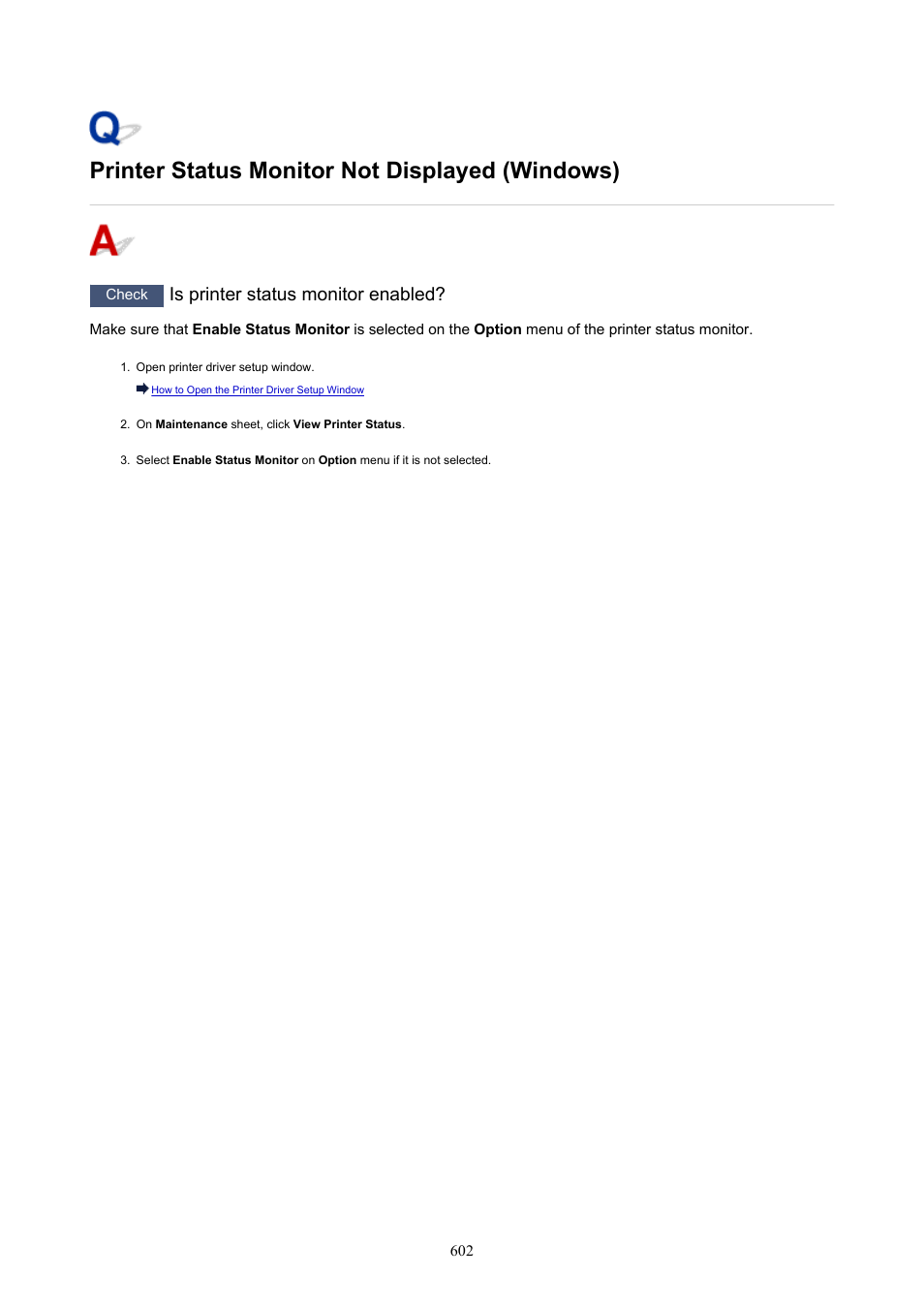 Printer status monitor not displayed (windows), Is printer status monitor enabled | Canon imagePROGRAF PRO-300 13" Photographic Inkjet Printer User Manual | Page 602 / 650