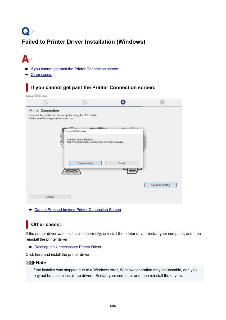 Failed to printer driver installation (windows) | Canon imagePROGRAF PRO-300 13" Photographic Inkjet Printer User Manual | Page 606 / 650