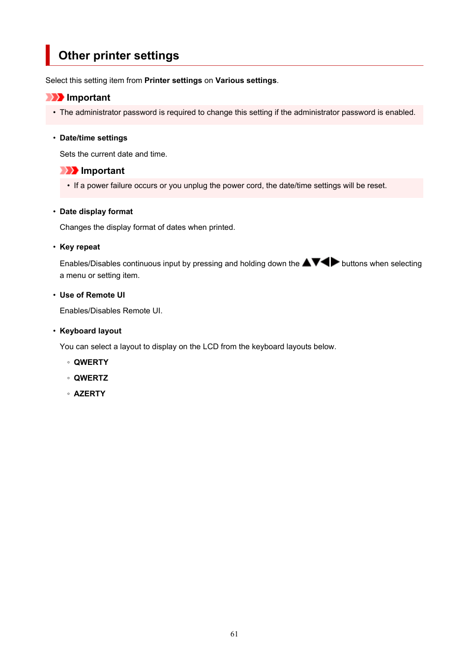 Other printer settings | Canon imagePROGRAF PRO-300 13" Photographic Inkjet Printer User Manual | Page 61 / 650