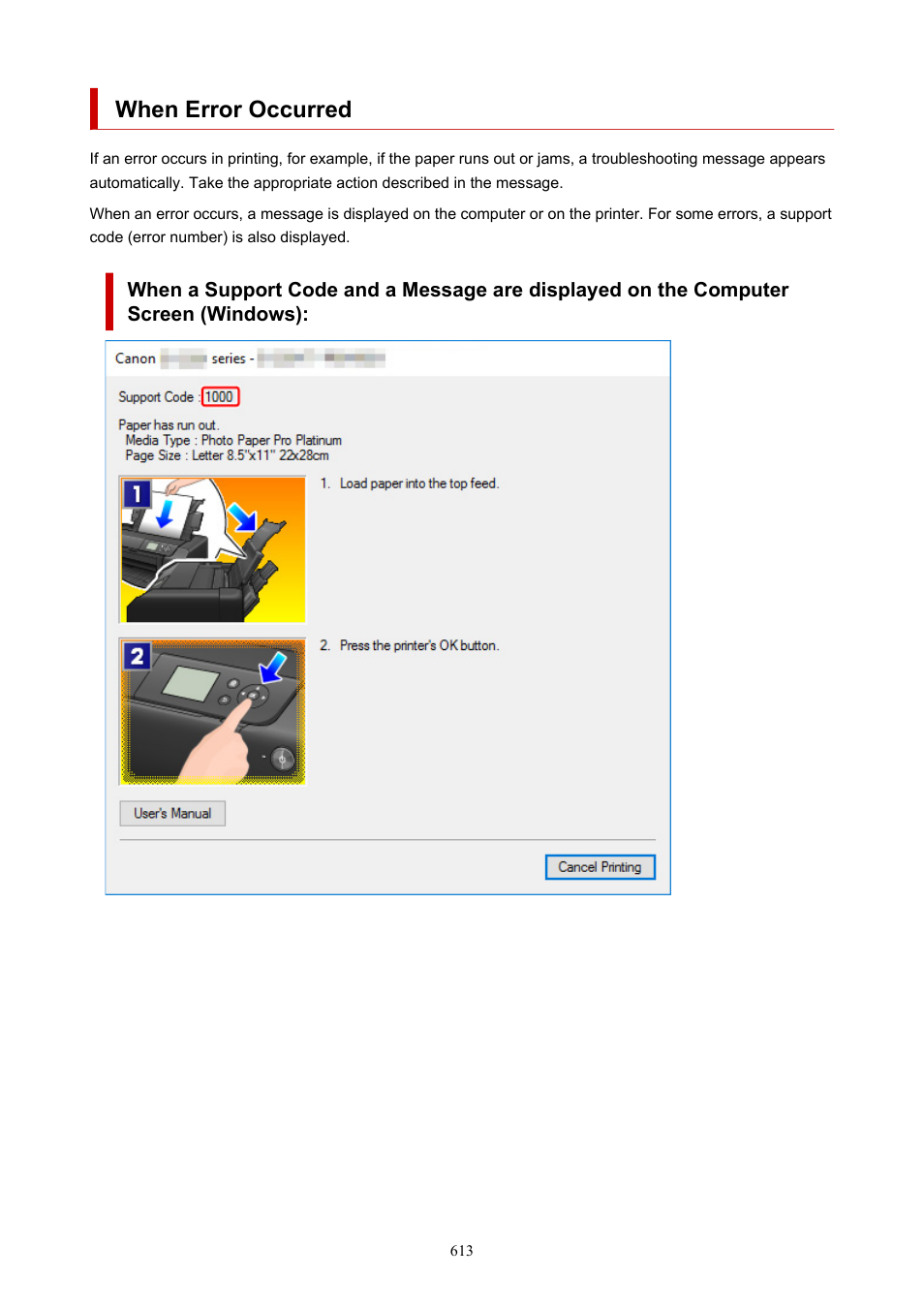 When error occurred | Canon imagePROGRAF PRO-300 13" Photographic Inkjet Printer User Manual | Page 613 / 650