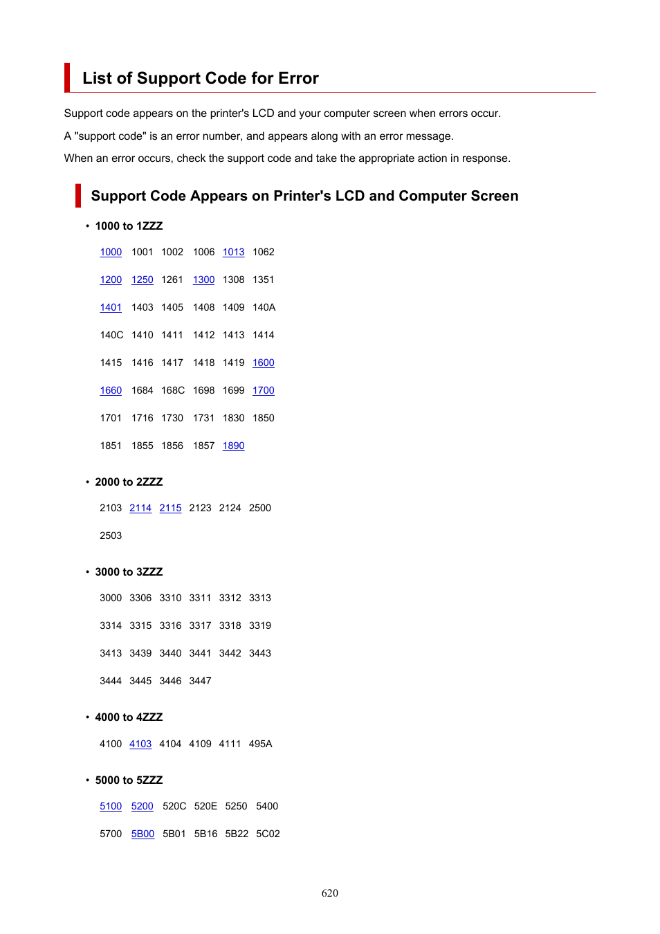 List of support code for error, Code, see | Canon imagePROGRAF PRO-300 13" Photographic Inkjet Printer User Manual | Page 620 / 650