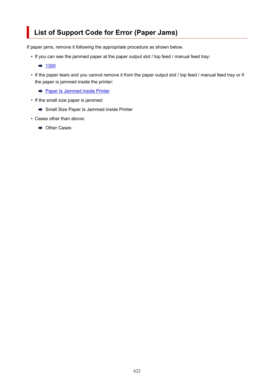 List of support code for error (paper jams), To remove | Canon imagePROGRAF PRO-300 13" Photographic Inkjet Printer User Manual | Page 622 / 650