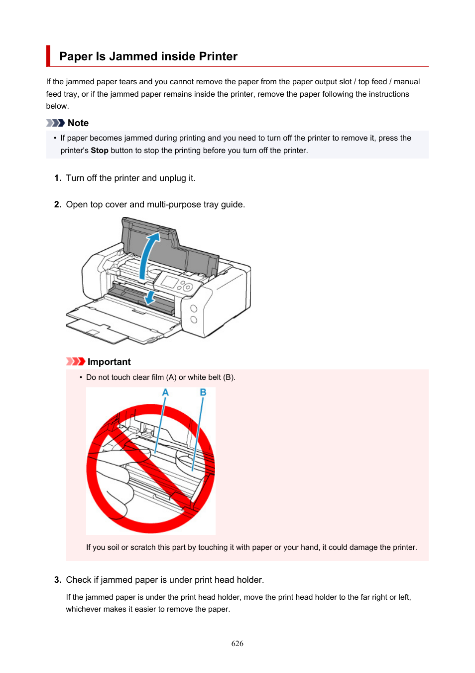 Paper is jammed inside printer | Canon imagePROGRAF PRO-300 13" Photographic Inkjet Printer User Manual | Page 626 / 650