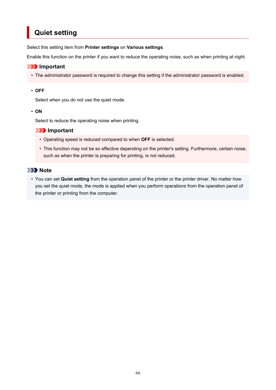 Quiet setting | Canon imagePROGRAF PRO-300 13" Photographic Inkjet Printer User Manual | Page 66 / 650