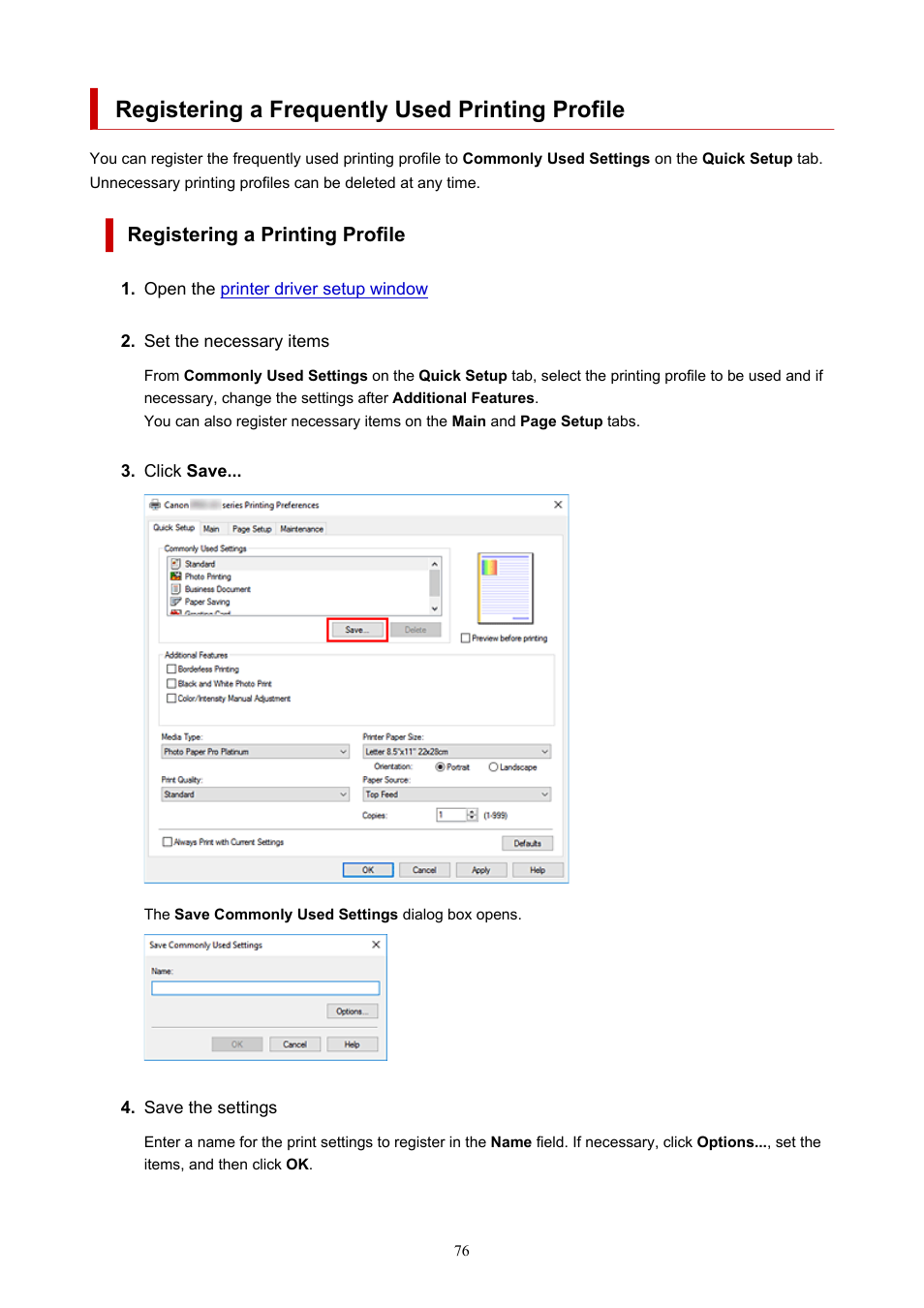 Registering a frequently used printing profile, Registering a printing profile | Canon imagePROGRAF PRO-300 13" Photographic Inkjet Printer User Manual | Page 76 / 650