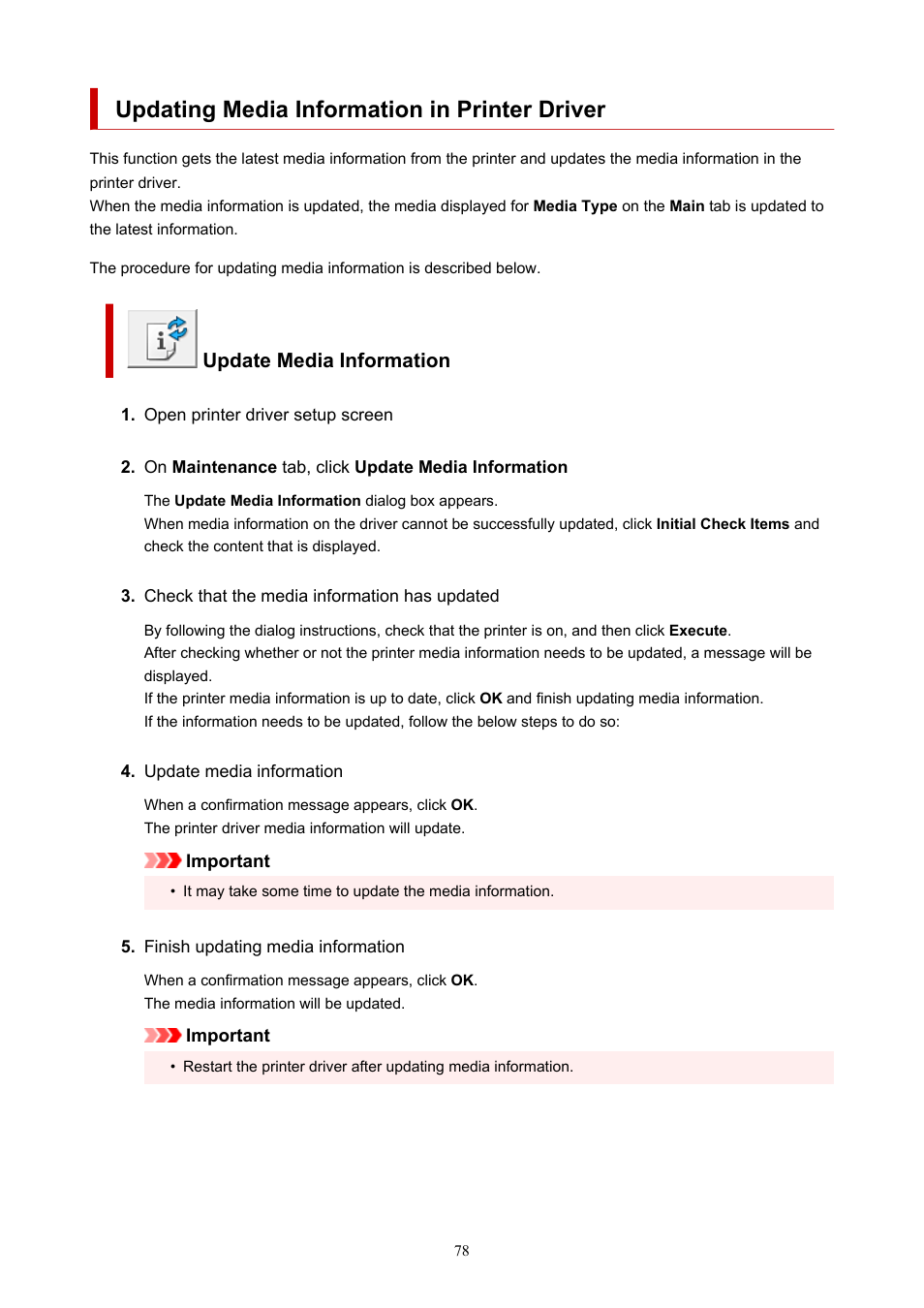 Updating media information in printer driver, Update media information | Canon imagePROGRAF PRO-300 13" Photographic Inkjet Printer User Manual | Page 78 / 650