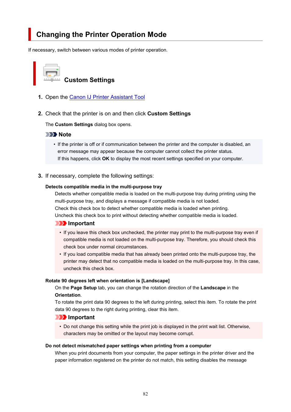 Changing the printer operation mode, Custom settings | Canon imagePROGRAF PRO-300 13" Photographic Inkjet Printer User Manual | Page 82 / 650