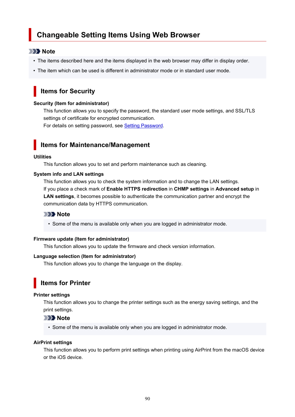 Changeable setting items using web browser | Canon imagePROGRAF PRO-300 13" Photographic Inkjet Printer User Manual | Page 90 / 650