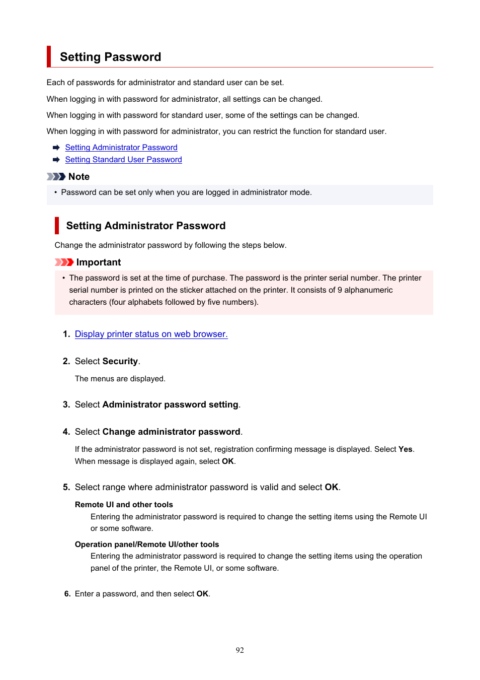 Setting password, Setting administrator password | Canon imagePROGRAF PRO-300 13" Photographic Inkjet Printer User Manual | Page 92 / 650