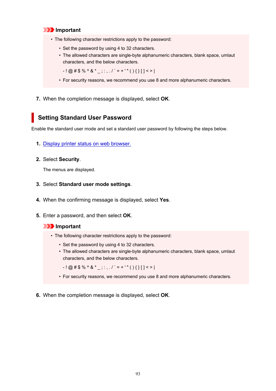 Setting standard user password | Canon imagePROGRAF PRO-300 13" Photographic Inkjet Printer User Manual | Page 93 / 650