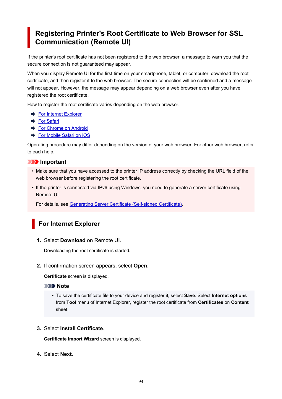 Remote ui), For internet explorer | Canon imagePROGRAF PRO-300 13" Photographic Inkjet Printer User Manual | Page 94 / 650