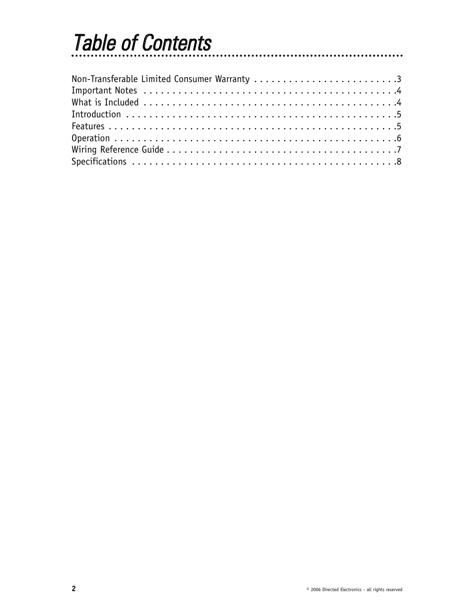 Ttaabbllee ooff c coonntteennttss | Directed Electronics VS102 User Manual | Page 2 / 9