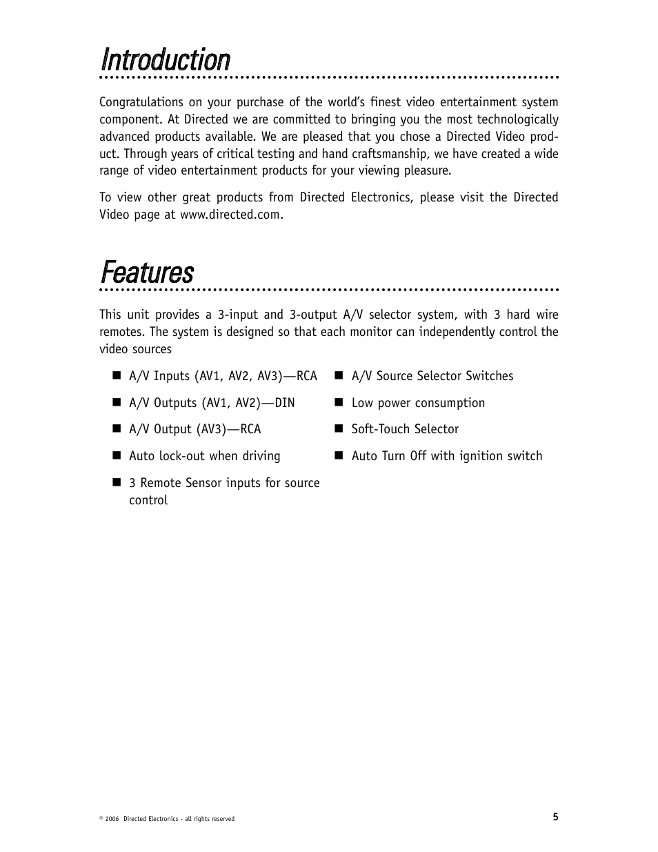 Iinnttrroodduuccttiioonn, Ffeeaattuurreess | Directed Electronics VS102 User Manual | Page 5 / 9