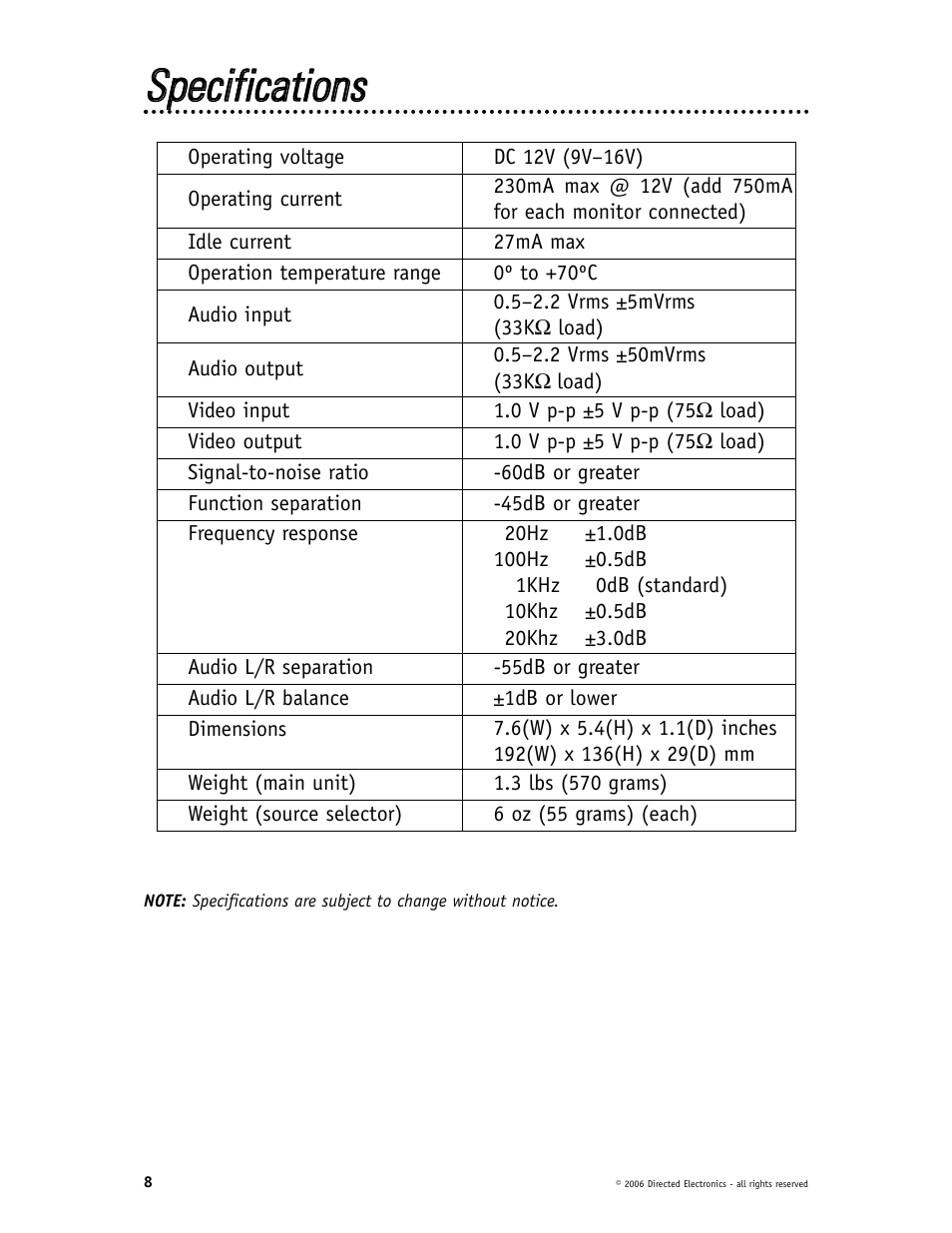 Ssppeecciiffiiccaattiioonnss | Directed Electronics VS102 User Manual | Page 8 / 9