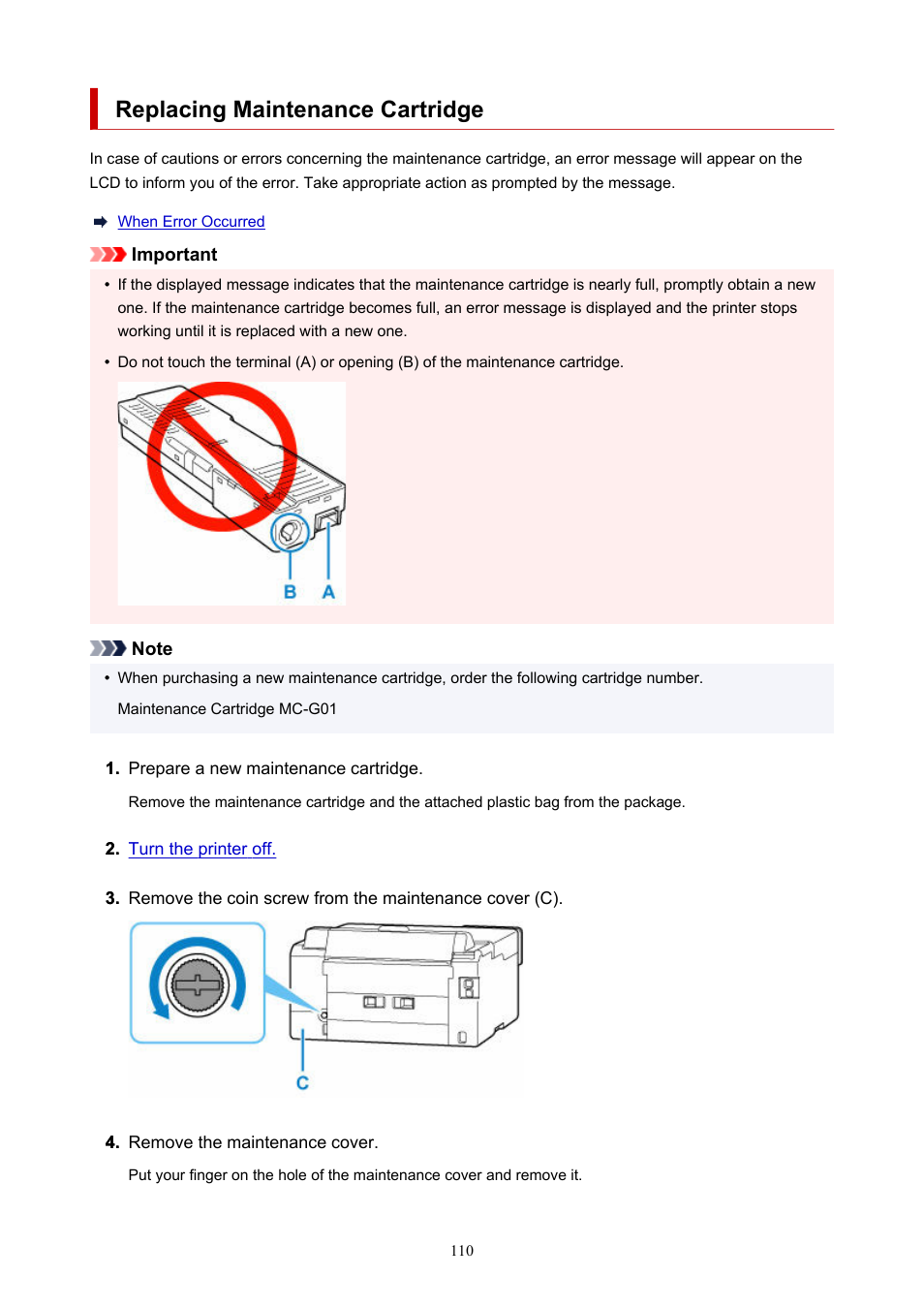 Replacing maintenance cartridge, Replace with the new maintenance cartridge | Canon MAXIFY GX5020 Wireless MegaTank Inkjet Color Printer User Manual | Page 110 / 325
