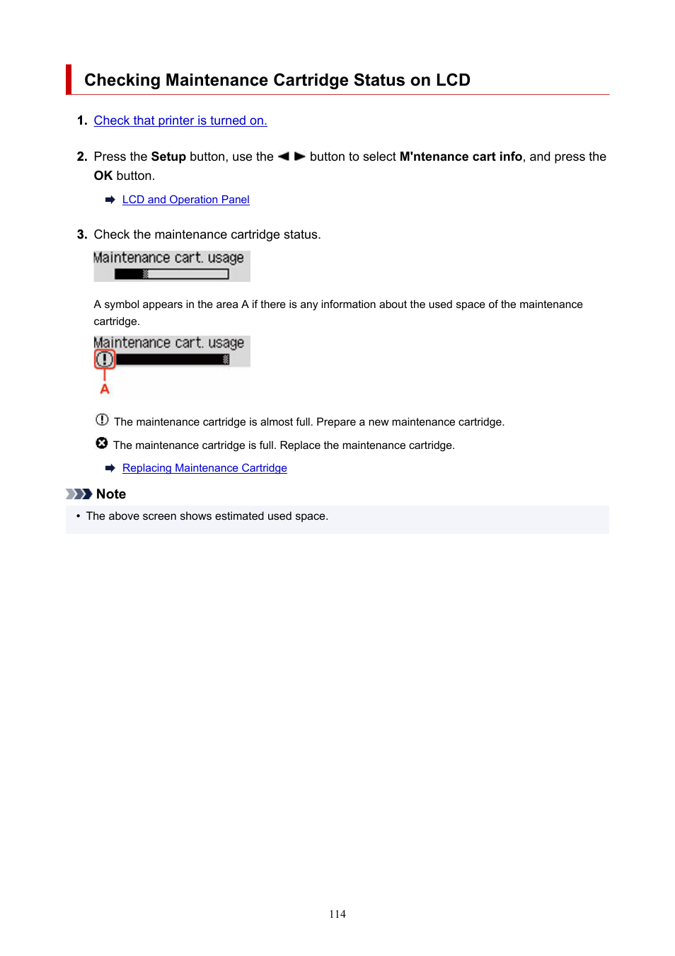 Checking maintenance cartridge status on lcd, Before performing any operation | Canon MAXIFY GX5020 Wireless MegaTank Inkjet Color Printer User Manual | Page 114 / 325
