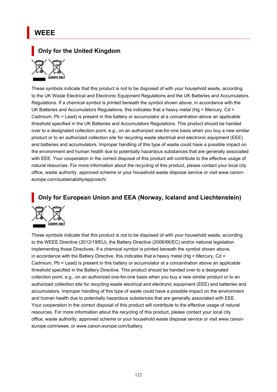Weee | Canon MAXIFY GX5020 Wireless MegaTank Inkjet Color Printer User Manual | Page 122 / 325