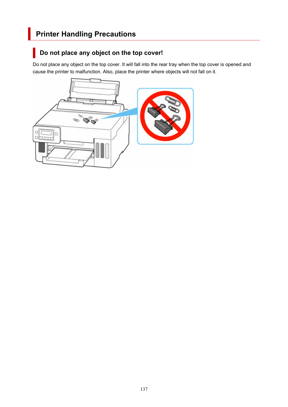 Printer handling precautions | Canon MAXIFY GX5020 Wireless MegaTank Inkjet Color Printer User Manual | Page 137 / 325