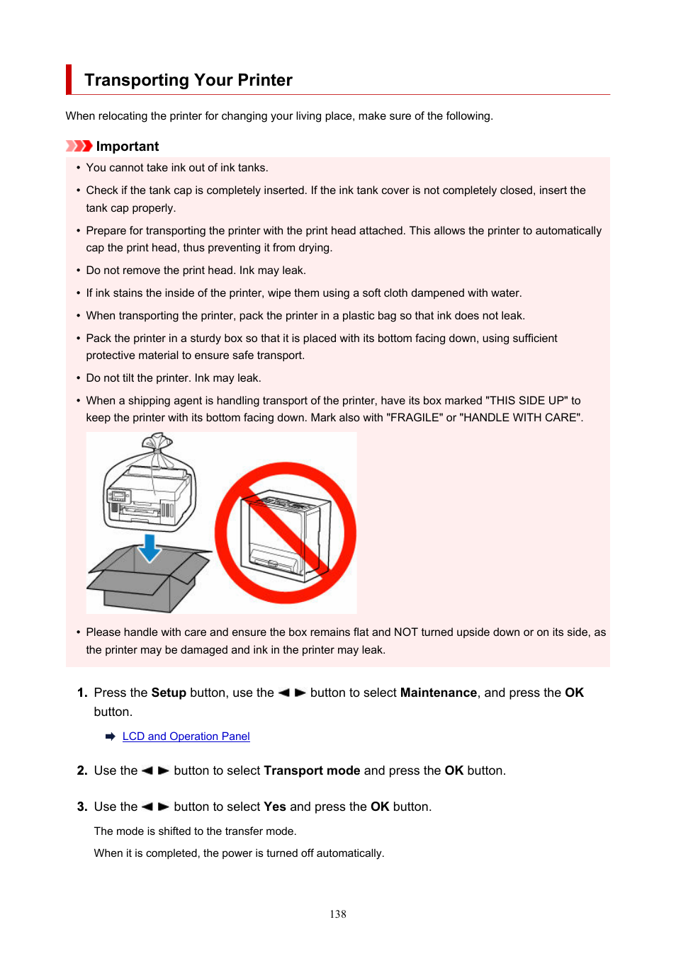 Transporting your printer | Canon MAXIFY GX5020 Wireless MegaTank Inkjet Color Printer User Manual | Page 138 / 325
