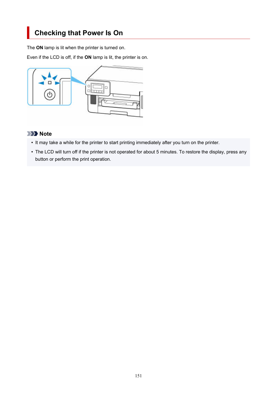 Checking that power is on, Check that printer is turned on | Canon MAXIFY GX5020 Wireless MegaTank Inkjet Color Printer User Manual | Page 151 / 325