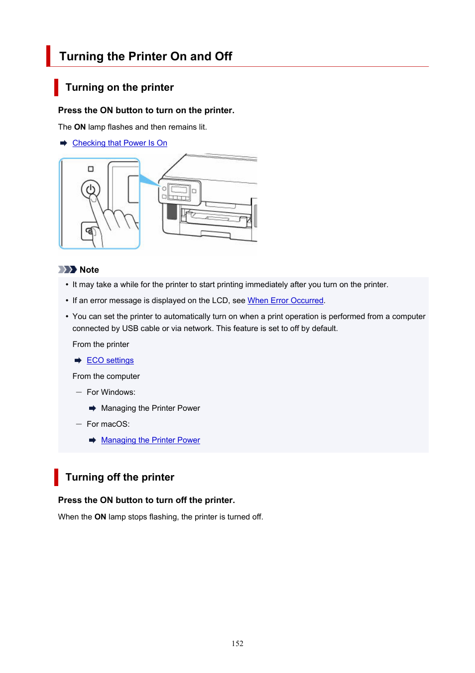 Turning the printer on and off | Canon MAXIFY GX5020 Wireless MegaTank Inkjet Color Printer User Manual | Page 152 / 325