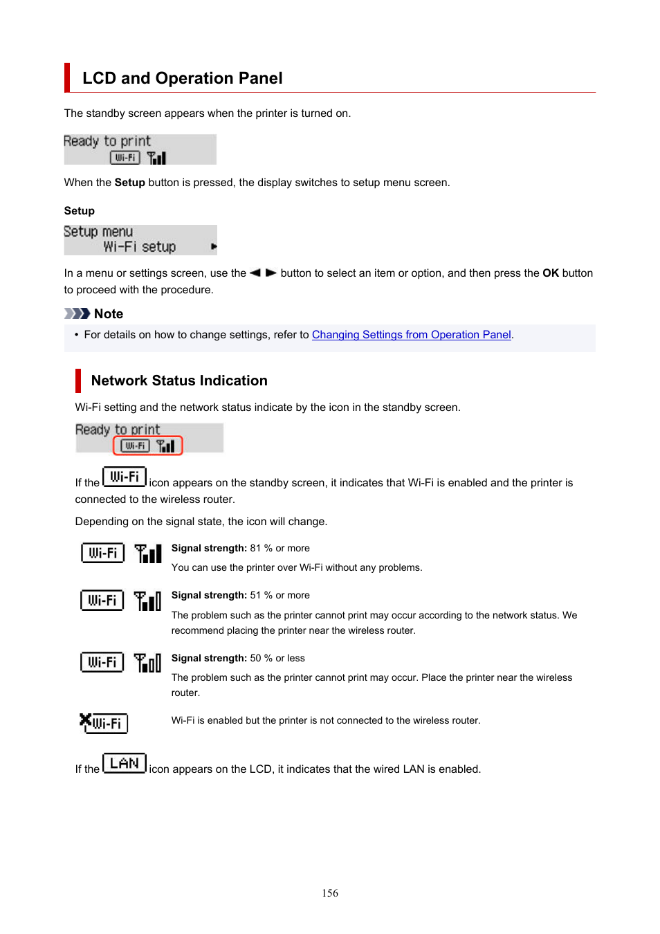 Lcd and operation panel, Network status indication | Canon MAXIFY GX5020 Wireless MegaTank Inkjet Color Printer User Manual | Page 156 / 325