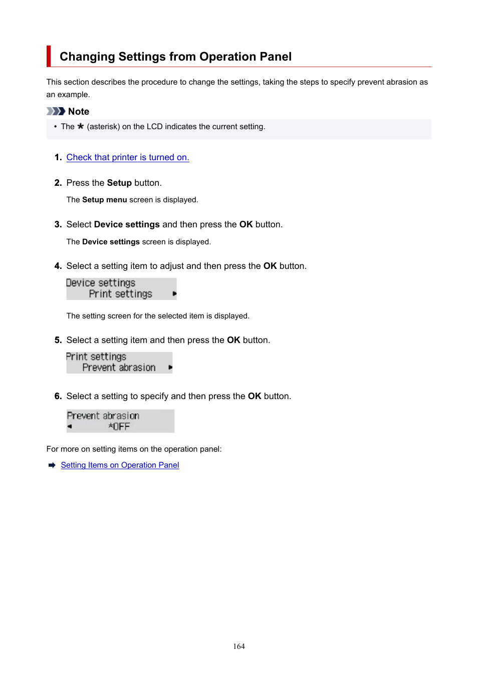 Changing settings from operation panel | Canon MAXIFY GX5020 Wireless MegaTank Inkjet Color Printer User Manual | Page 164 / 325