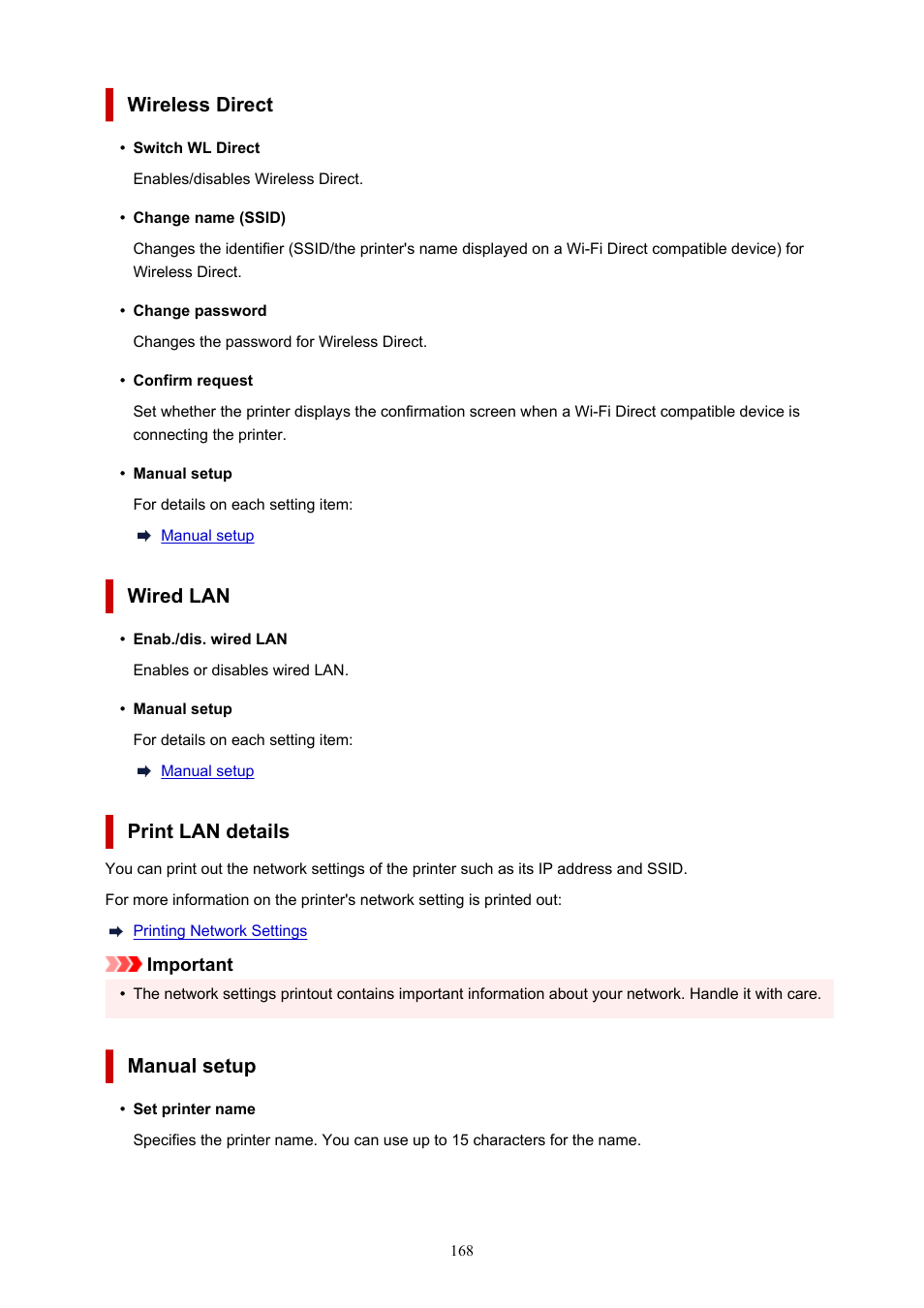Wireless direct, Wired lan, Print lan details | Manual setup | Canon MAXIFY GX5020 Wireless MegaTank Inkjet Color Printer User Manual | Page 168 / 325