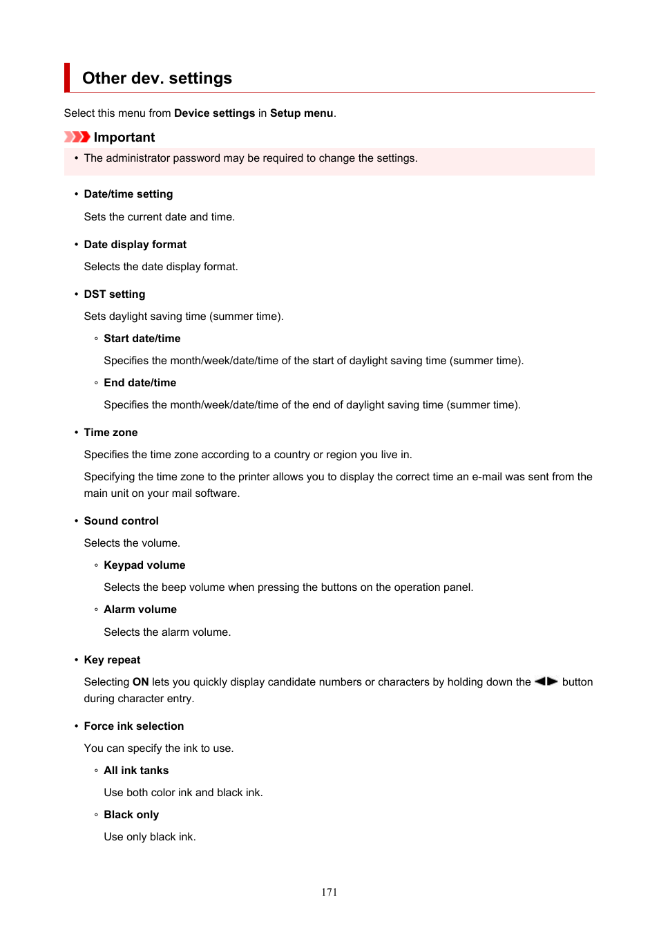 Other dev. settings | Canon MAXIFY GX5020 Wireless MegaTank Inkjet Color Printer User Manual | Page 171 / 325