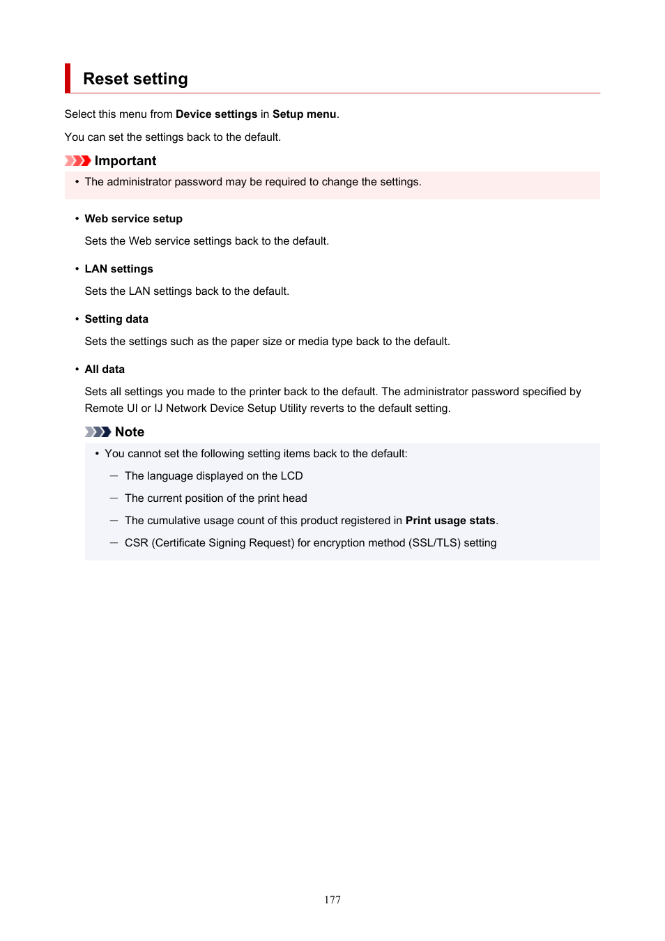 Reset setting | Canon MAXIFY GX5020 Wireless MegaTank Inkjet Color Printer User Manual | Page 177 / 325