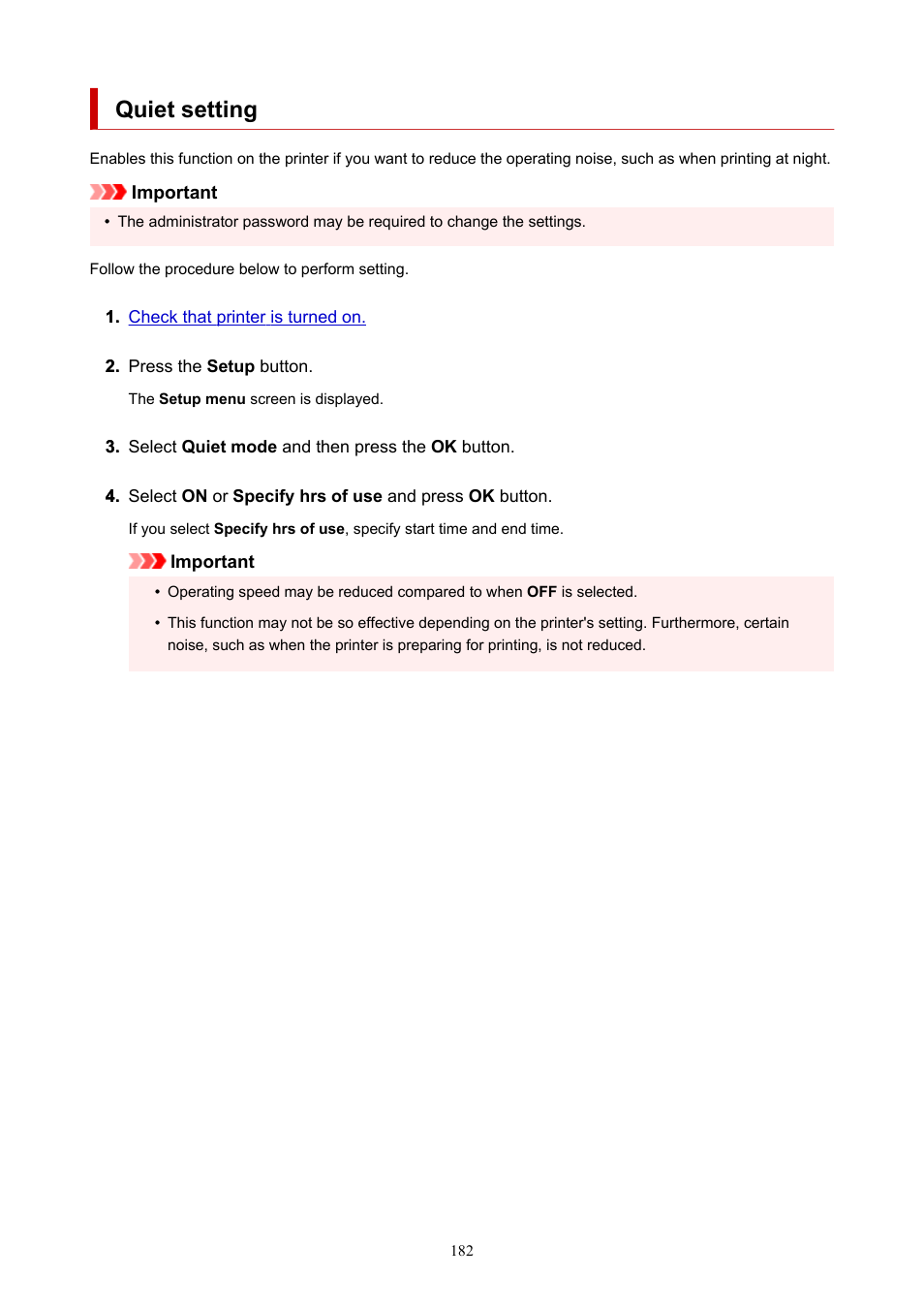 Quiet setting | Canon MAXIFY GX5020 Wireless MegaTank Inkjet Color Printer User Manual | Page 182 / 325