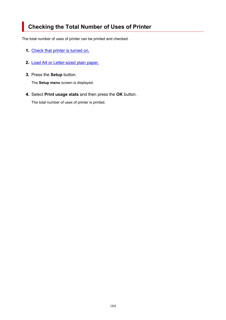 Checking the total number of uses of printer | Canon MAXIFY GX5020 Wireless MegaTank Inkjet Color Printer User Manual | Page 184 / 325