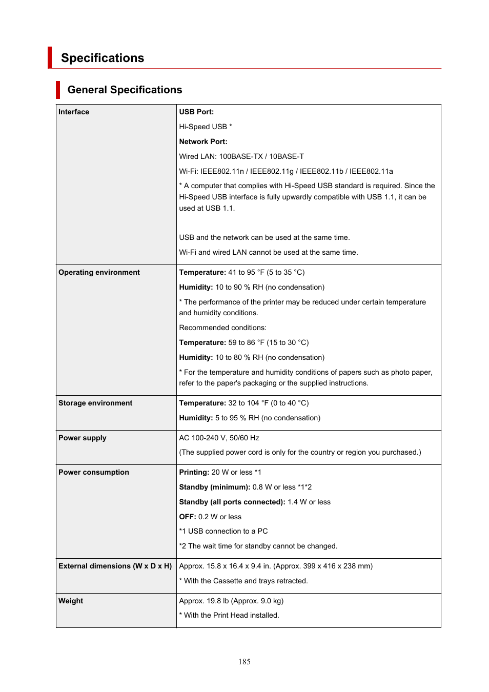 Specifications, General specifications | Canon MAXIFY GX5020 Wireless MegaTank Inkjet Color Printer User Manual | Page 185 / 325