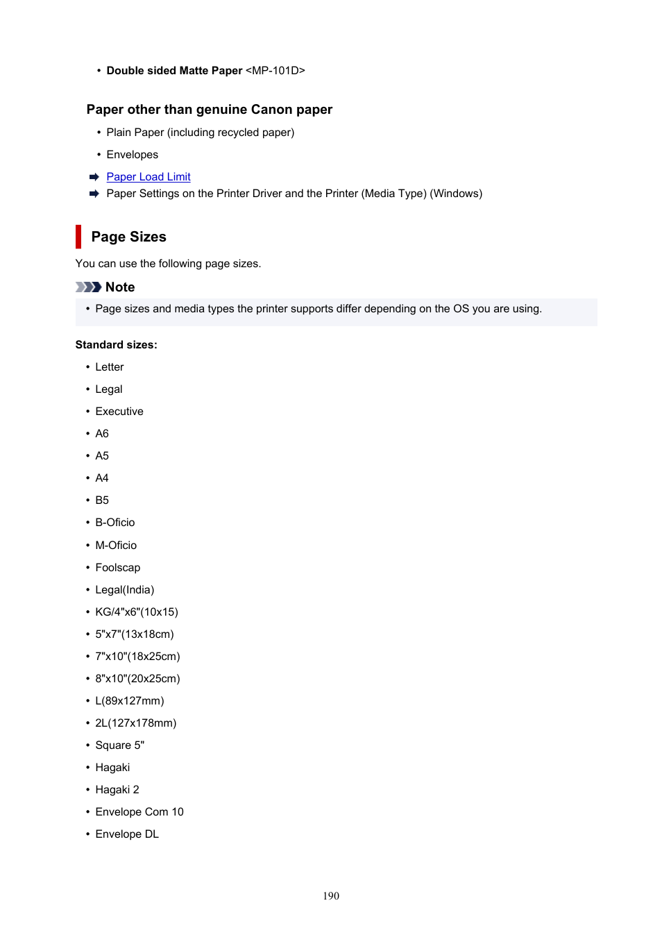 Page sizes | Canon MAXIFY GX5020 Wireless MegaTank Inkjet Color Printer User Manual | Page 190 / 325