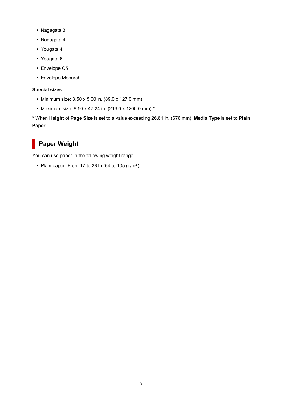 Paper weight | Canon MAXIFY GX5020 Wireless MegaTank Inkjet Color Printer User Manual | Page 191 / 325