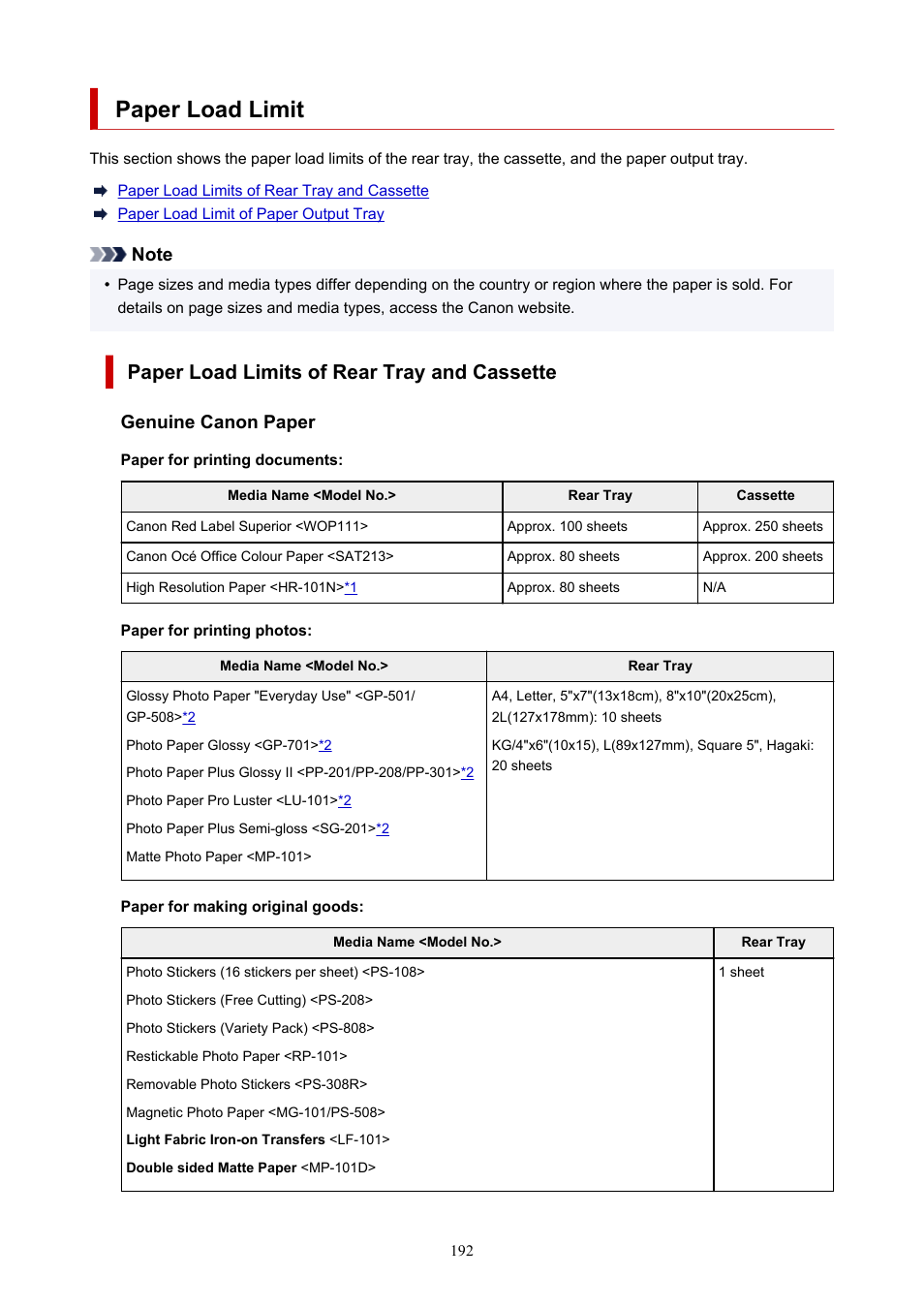 Paper load limit, Paper load limits of rear tray and cassette, Genuine canon paper | Canon MAXIFY GX5020 Wireless MegaTank Inkjet Color Printer User Manual | Page 192 / 325
