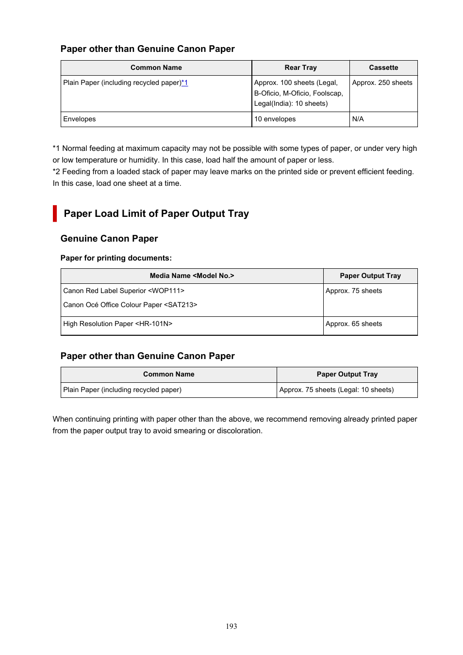 Paper load limit of paper output tray, Gp-508, Sg-201 | Paper other than genuine canon paper, Genuine canon paper | Canon MAXIFY GX5020 Wireless MegaTank Inkjet Color Printer User Manual | Page 193 / 325