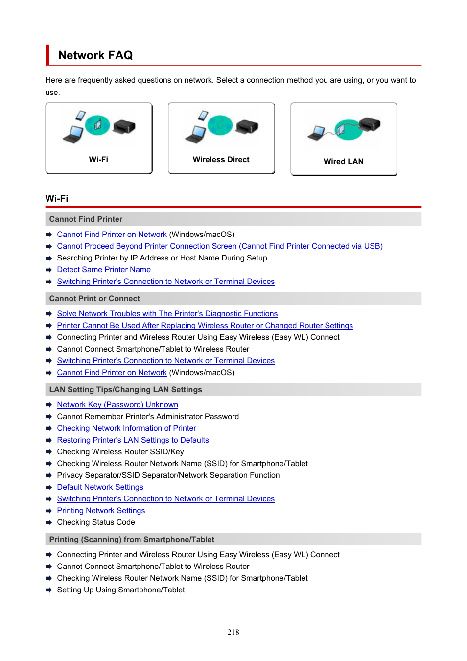 Network faq, For other questions about network, Click here | Canon MAXIFY GX5020 Wireless MegaTank Inkjet Color Printer User Manual | Page 218 / 325