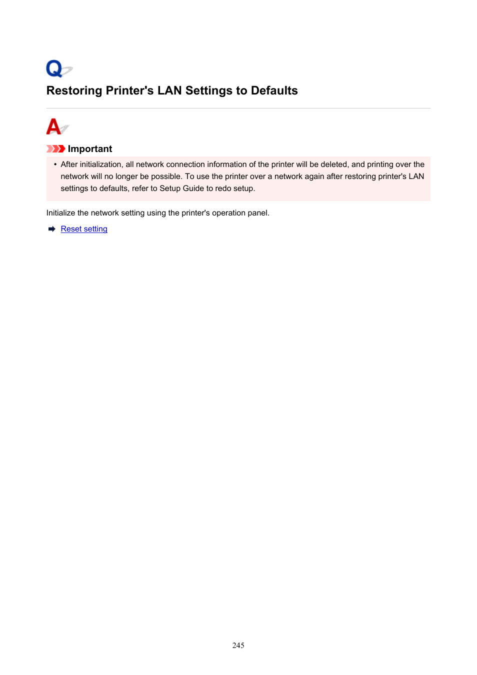 Restoring printer's lan settings to defaults | Canon MAXIFY GX5020 Wireless MegaTank Inkjet Color Printer User Manual | Page 245 / 325