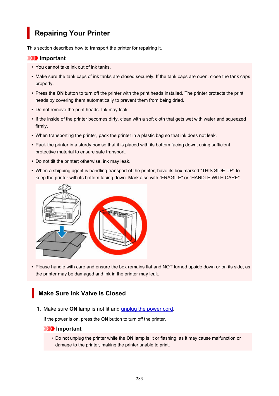 Repairing your printer, Make sure ink valve is closed | Canon MAXIFY GX5020 Wireless MegaTank Inkjet Color Printer User Manual | Page 283 / 325