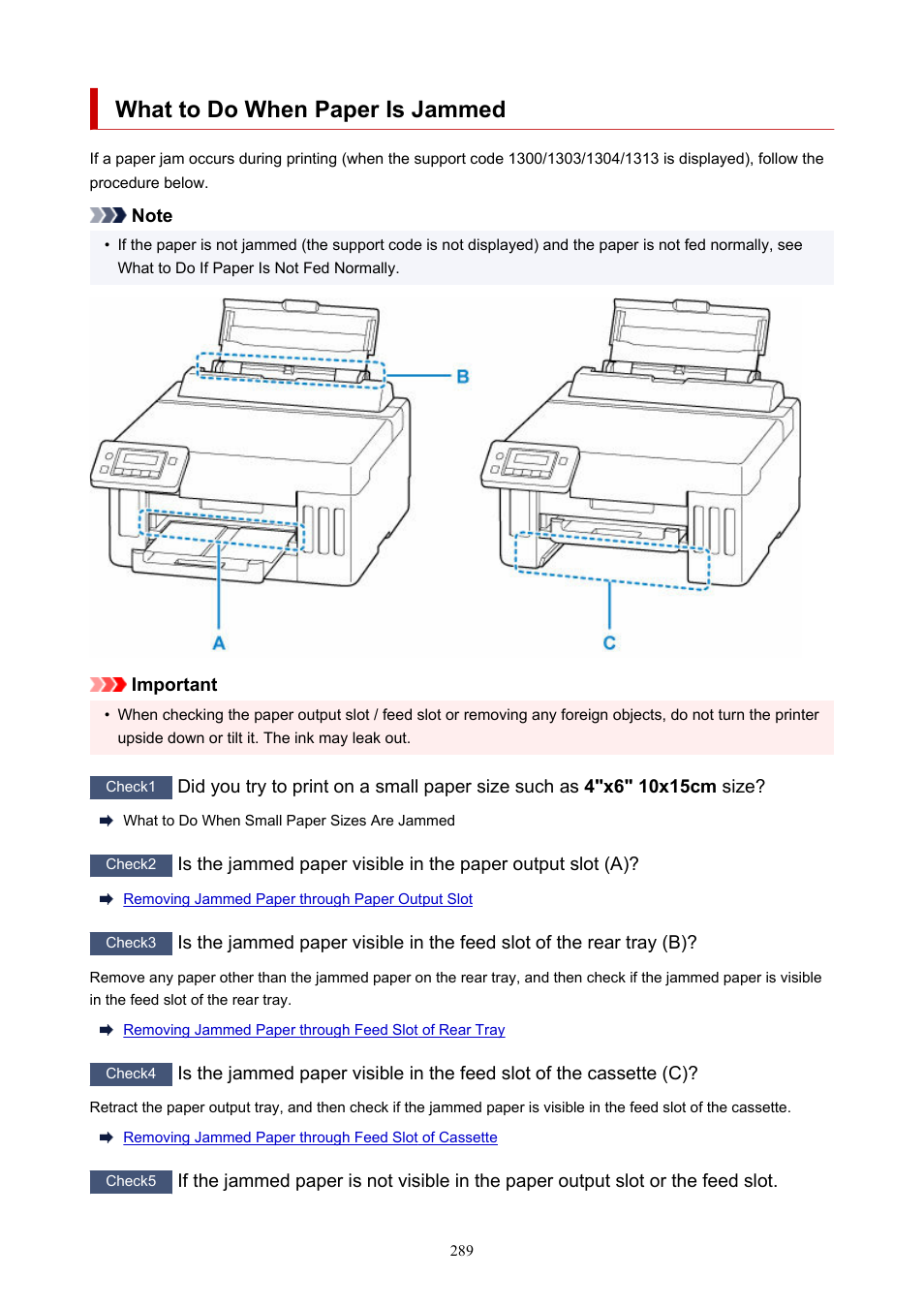 What to do when paper is jammed, If the paper tears in the rear tray, see | Canon MAXIFY GX5020 Wireless MegaTank Inkjet Color Printer User Manual | Page 289 / 325