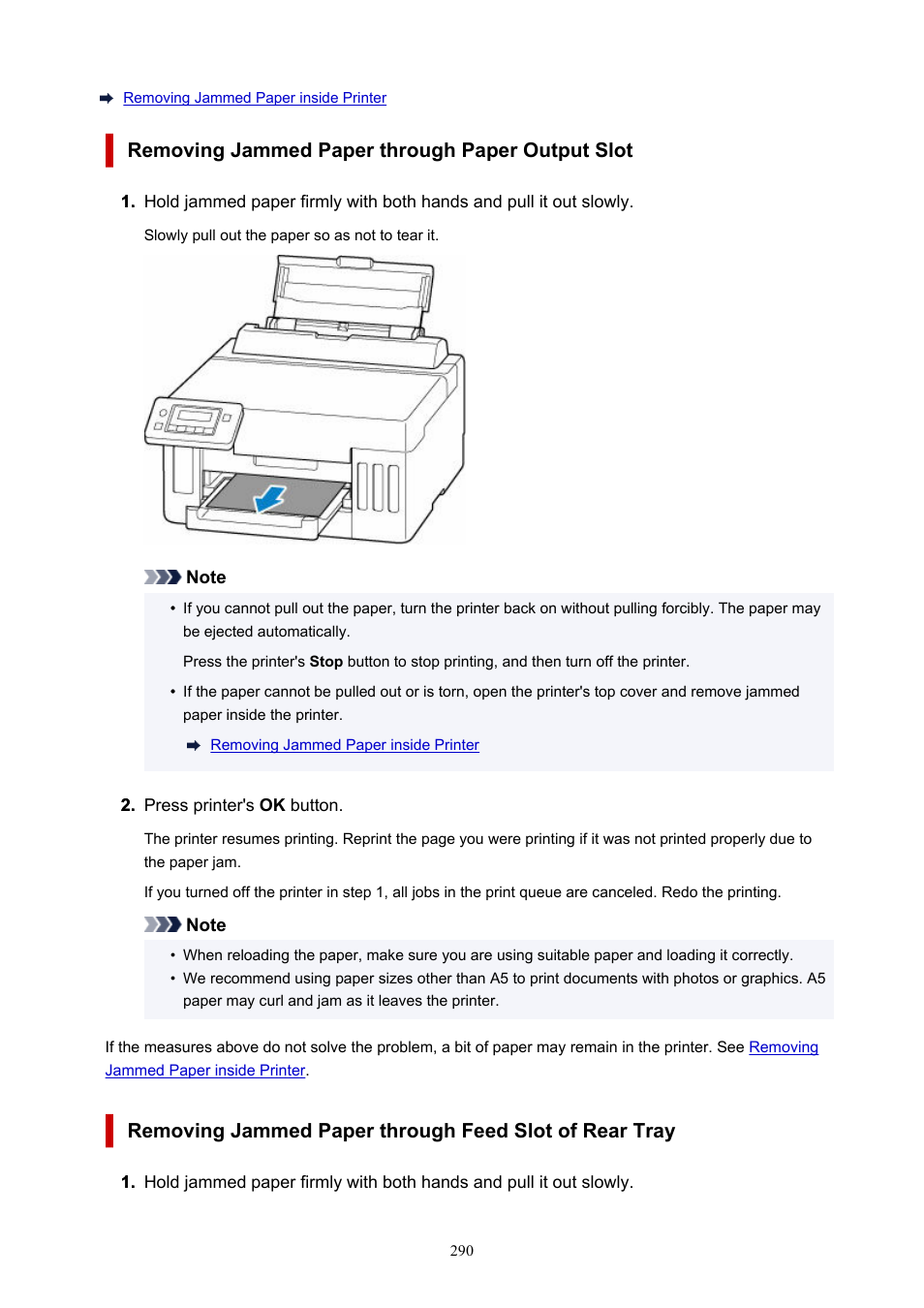Removing jammed paper through paper output slot | Canon MAXIFY GX5020 Wireless MegaTank Inkjet Color Printer User Manual | Page 290 / 325