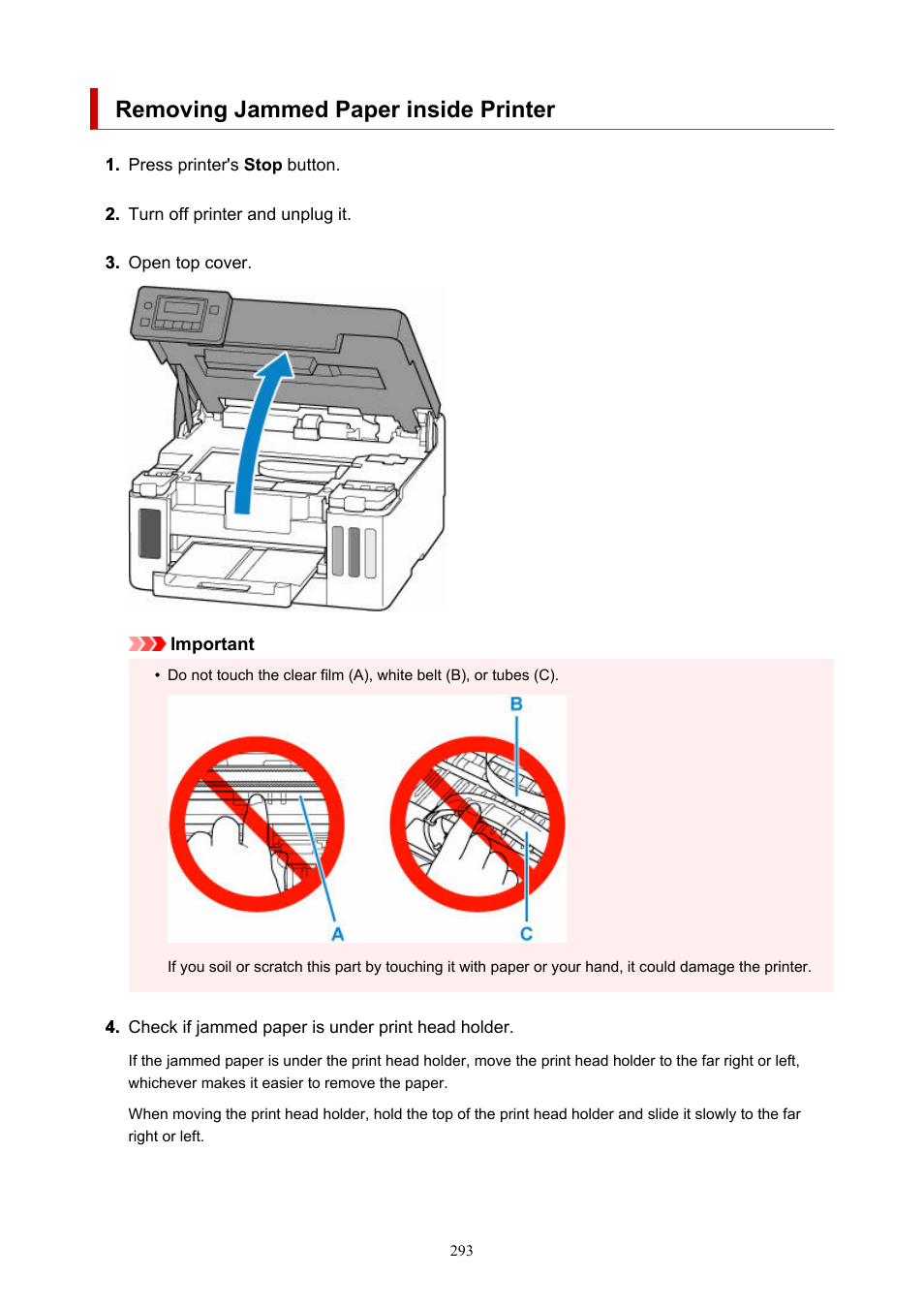 Removing jammed paper inside printer, Printer. see, Removing | Jammed paper inside printer | Canon MAXIFY GX5020 Wireless MegaTank Inkjet Color Printer User Manual | Page 293 / 325