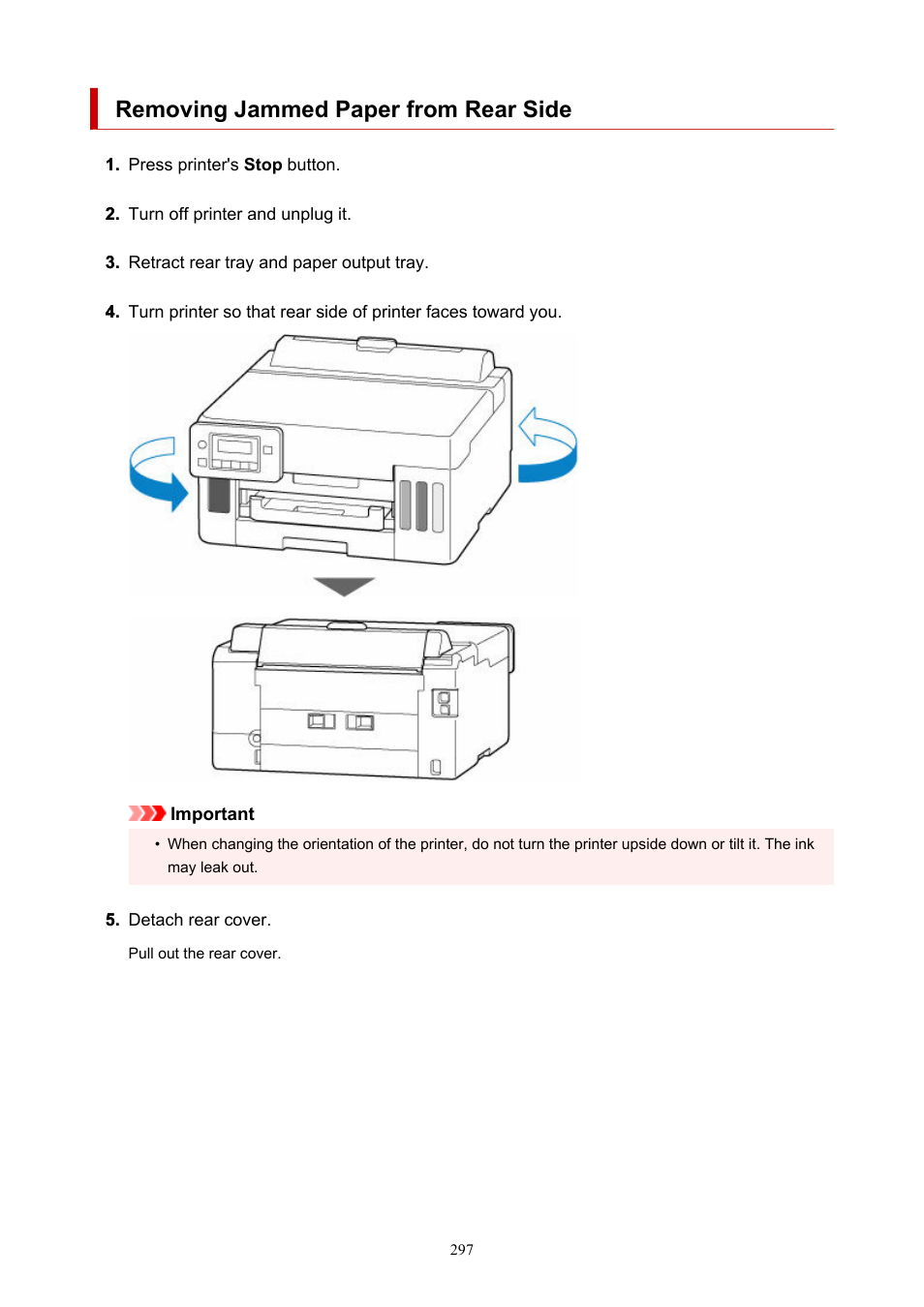 Removing jammed paper from rear side | Canon MAXIFY GX5020 Wireless MegaTank Inkjet Color Printer User Manual | Page 297 / 325