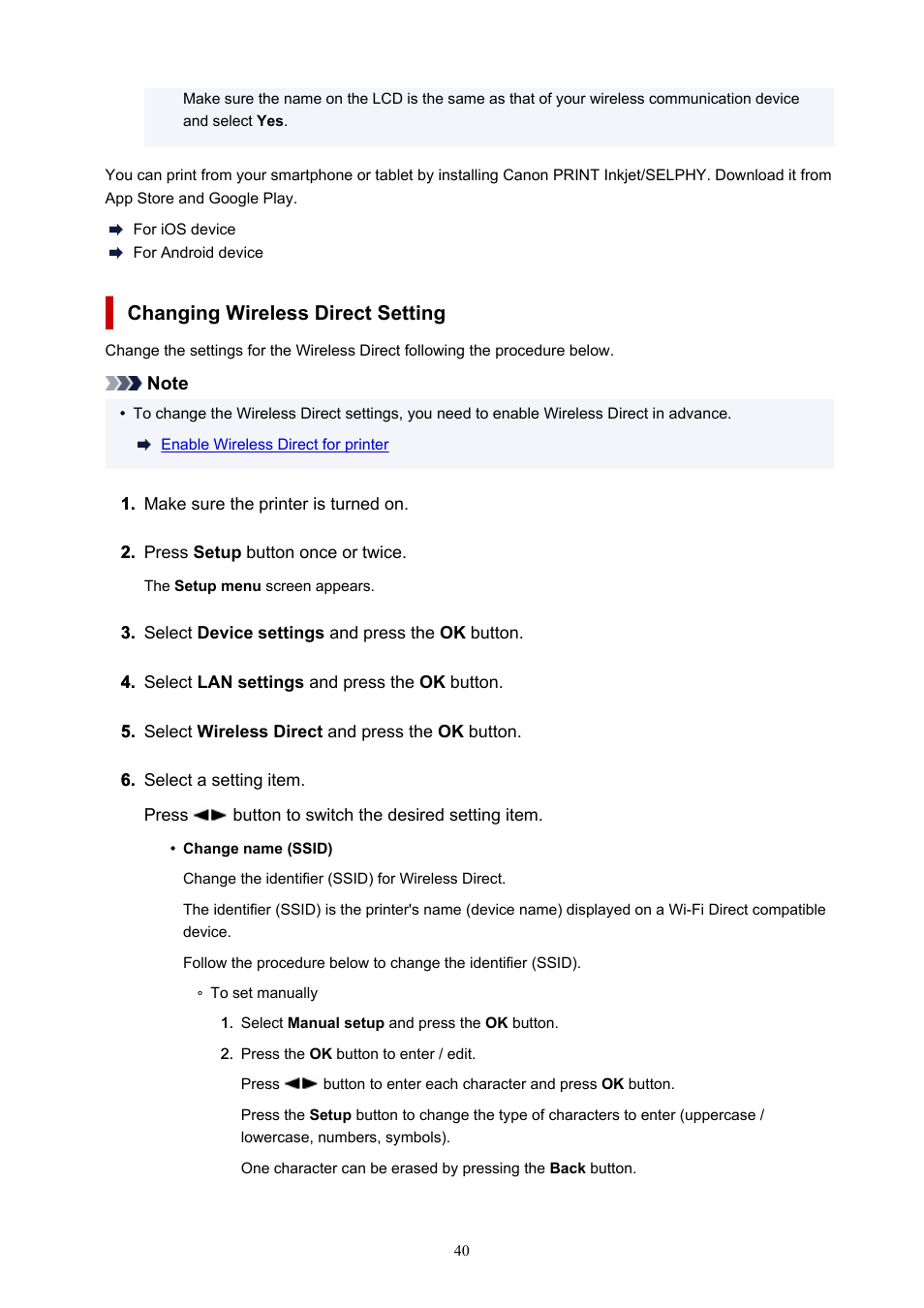 Changing wireless direct setting, Changing, Wireless direct setting | Canon MAXIFY GX5020 Wireless MegaTank Inkjet Color Printer User Manual | Page 40 / 325