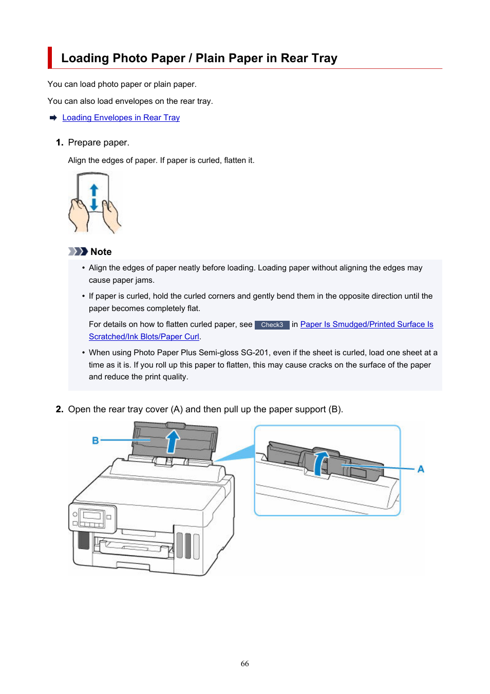 Loading photo paper / plain paper in rear tray | Canon MAXIFY GX5020 Wireless MegaTank Inkjet Color Printer User Manual | Page 66 / 325